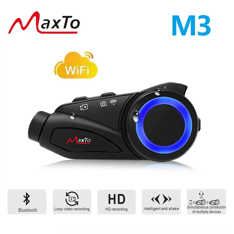 

Мотоциклетная Bluetooth-гарнитура MAXTO M3 с видеокамерой, интеркомом для 6 райдеров, дальностью 1000 м, объективом 1080P, Wi-Fi, водонепроницаемая, 120° ° Широкоугольный объектив