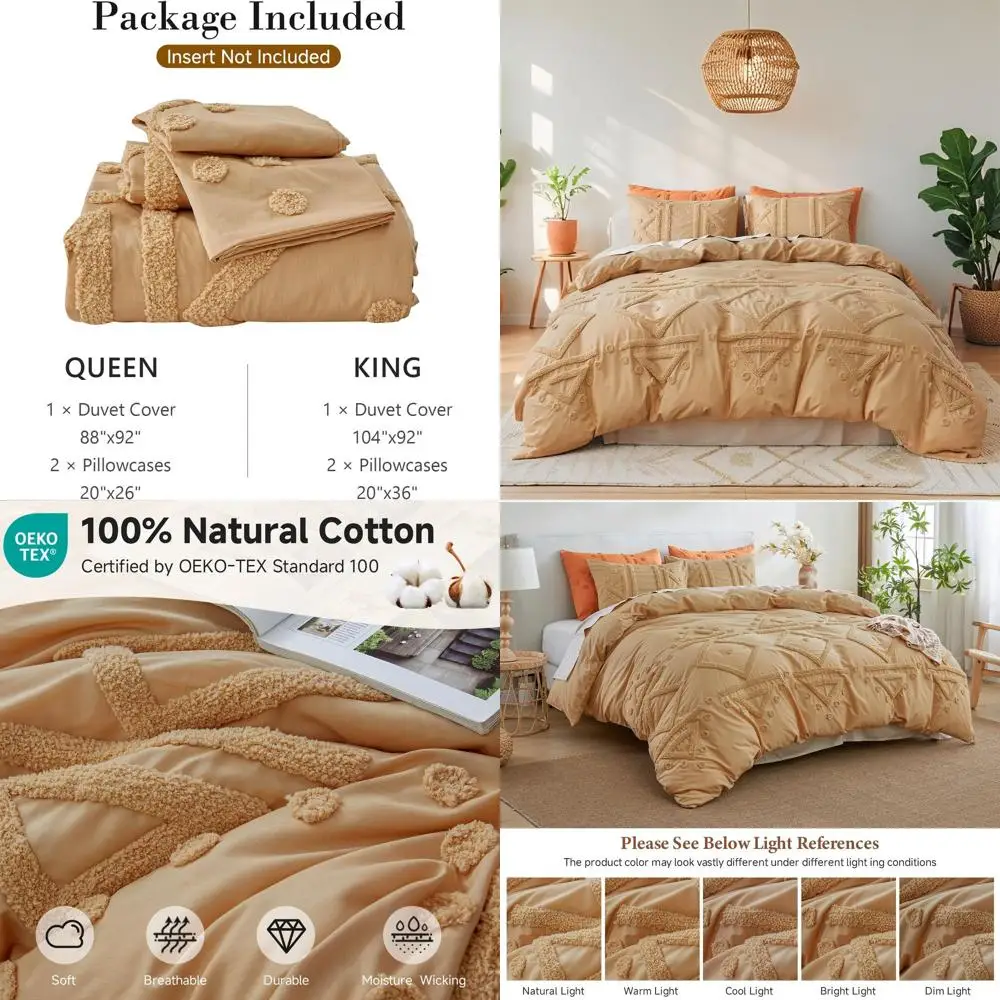 Juego de edredón bordado bohemio de algodón tamaño Queen con 2 fundas de almohada, ropa de cama de granja Shabby Chic de Jacquard Camel para Com durante todo el año