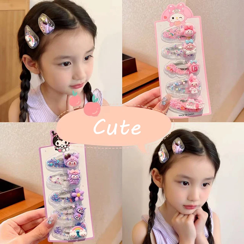 Kuromi Sanrio grampos para meninas, Hairclip Kawaii, Cinnamoroll, Baby Hairclip, Melody Princess, Areia Flowing, Cabelo Presilha, Sanrio Acessórios, 5pcs