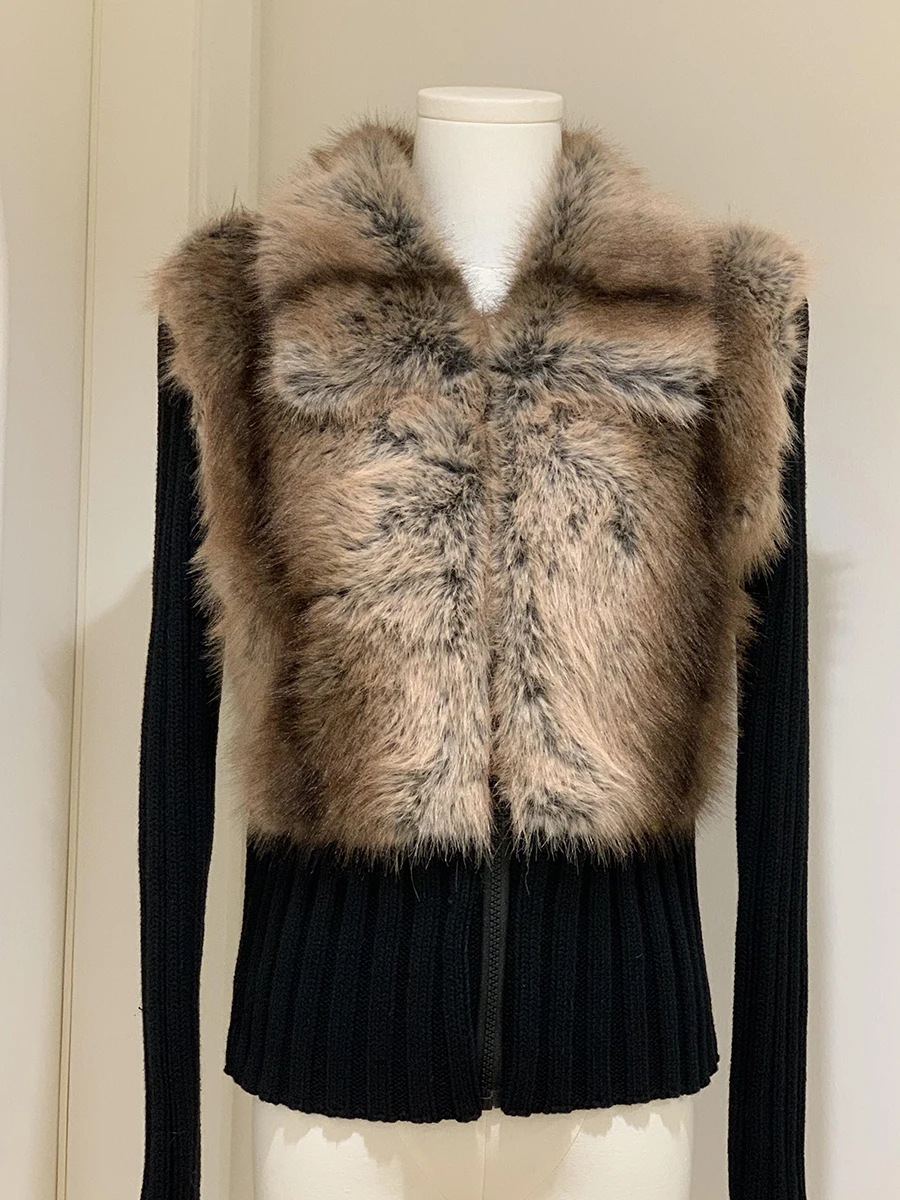 Roriri preto malha fuzzy camisola cardigan outono inverno zip up ponto punhos de pele do falso manga longa topo gyaru y2k roupas femininas