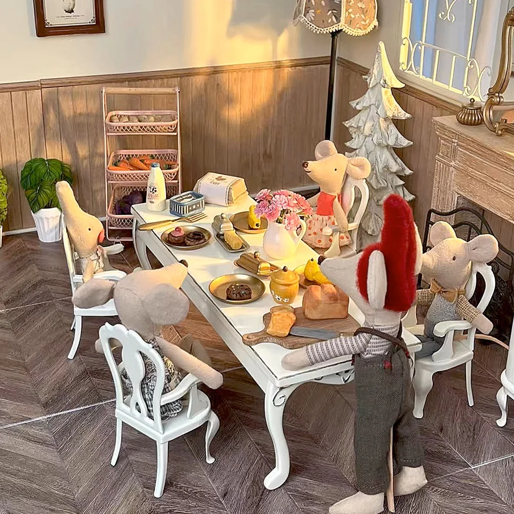 Aizulhomey خمر نحى الذهب الحديد طويل مجموعة مقاعد الطاولة ماوس أثاث المطبخ OB11 BJD Lol Blyth دمية صغيرة البيت اكسسوارات