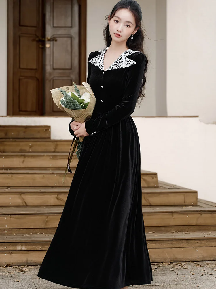 韓国風ヴィンテージ風ヘップバーン風高級イブニングドレス 秋冬 ブラックベルベット パッチワークドレス 2025 エレガント ボディコン フェスティバルドレス