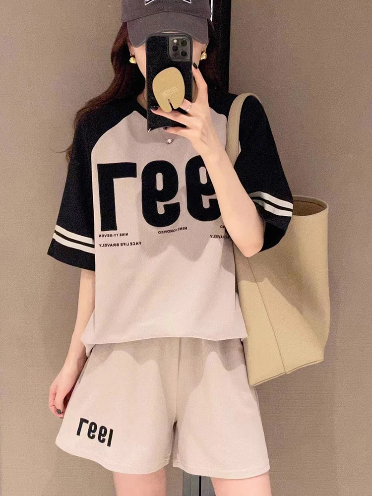 2024 Summer outfit T-Shirt Suit Womens Fashion Casual Loose O-Neck Short-Sleeved Tops+Wide Leg Shorts Two Piece Set For Women