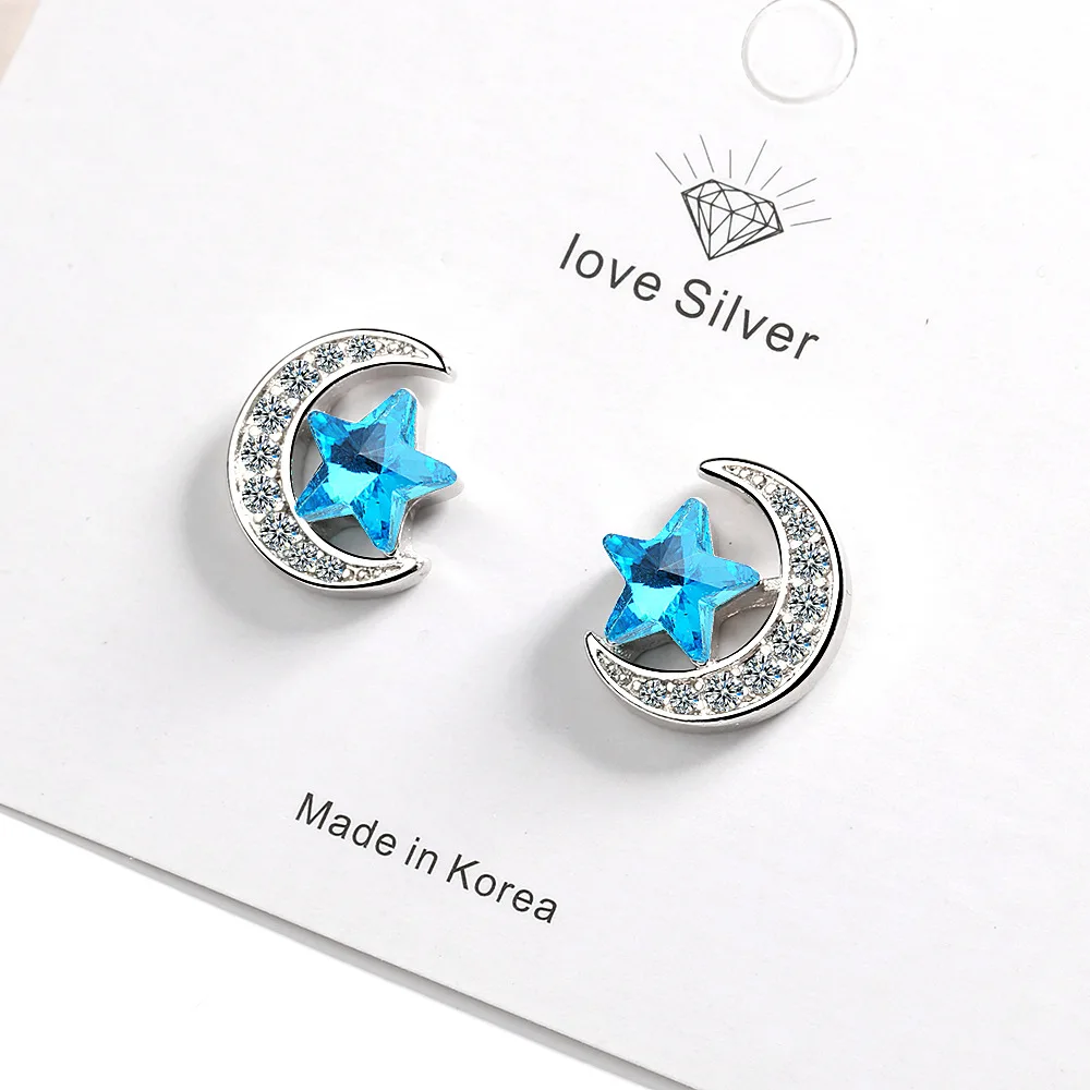 

925 Sterling Silver Blue Star Moon Stud Earrings For Women Engagement Wedding Luxury Jewelry Accessories Argent 925 Jewellery