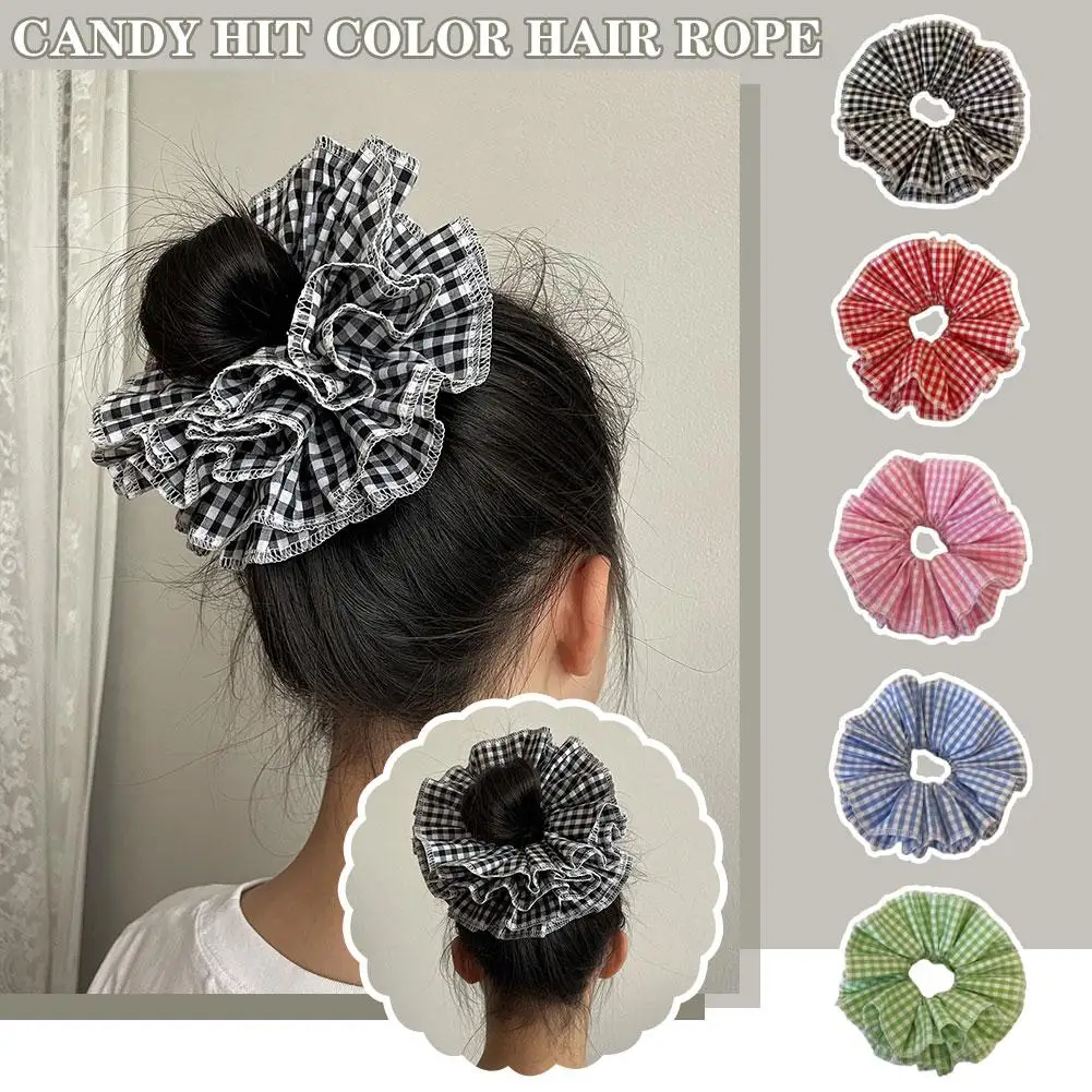 

Andy Hit Color Hair Rope For Women Checkered Four Layer Edge Large Intestinal Hair Loop Ponytail Braid Headband Hair M9n4