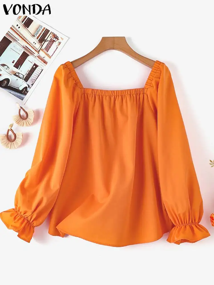 VONDA Women Fashion Sexy Solid Color Blouse 2024 Summer Square Collar Long Puff Sleeve Loose Shirts Blusas Femme Oversized Tops