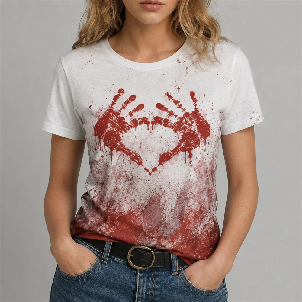 Terrifying Red Handprints Bloodstains T-shirt For Men Women Horror 3D Print Halloween Short Sleeve T Shirts Streetwear Tee Top