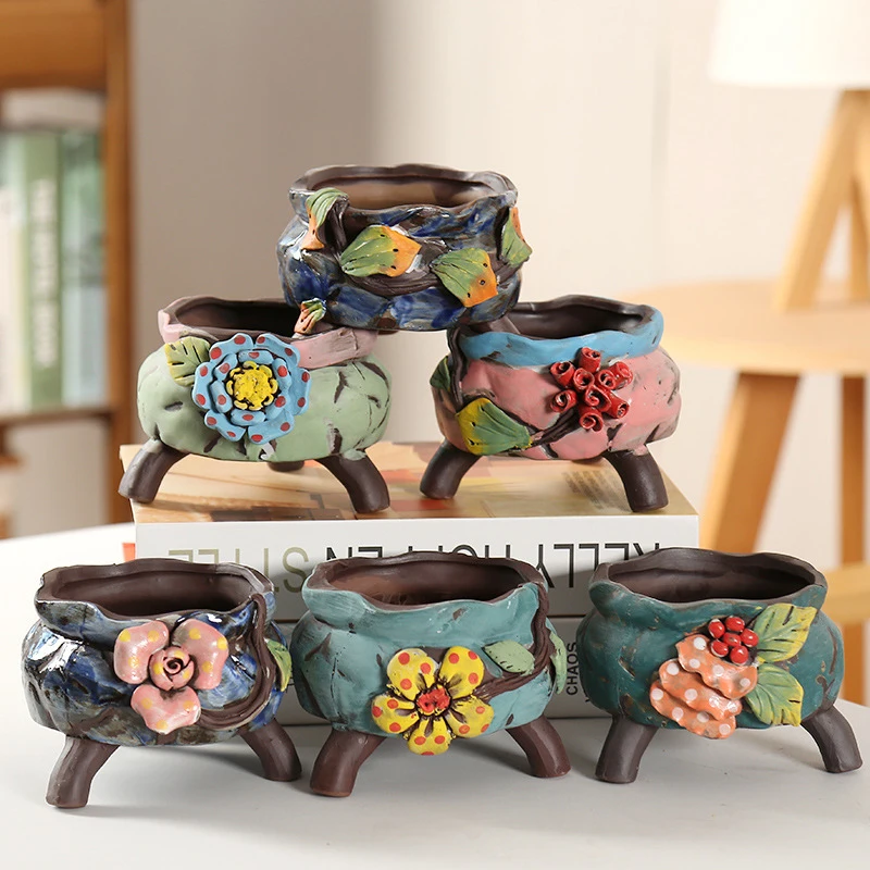 

Korean Pinch Flower Large Caliber Succulent Flowerpot Ceramic Vintage Stoneware Breathable Green Plant Pot With Feet Home Garden