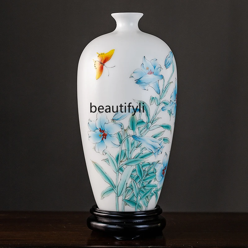 

Mutton Fat Jade Hand-Painted Elegant Blue Vase Decoration Living Room Flower Arrangement Chinese Classical Home Decorations