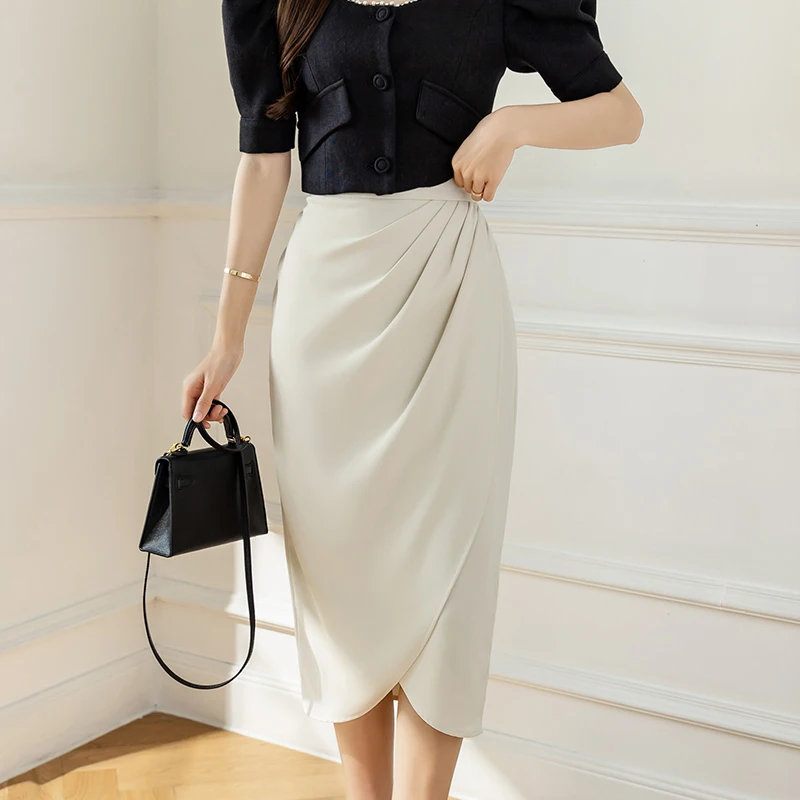 Seoulish Vintage Irregular Pleated Skirts Summer 2024 New Office Lady High Waist A-Line Mid Length Casual Skirts Female Spring