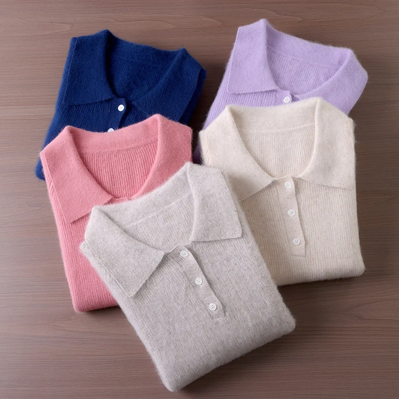 2025 ผู้หญิง 100% Mink Cashmere Sweatetrฤดูใบไม้ร่วงฤดูหนาวTurn-Down Collarปุ่มเสื้อถักPulloverนุ่มแขนยาวเสื้อผ้า