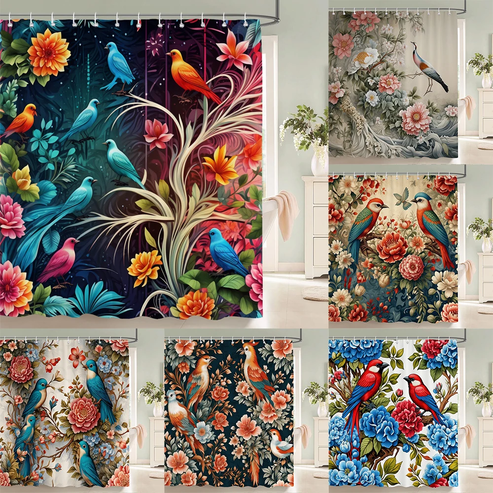 

1PC Watercolor Floral and-bird Printed Shower Curtain with Hooks - Design Chic leaves Flowers Bathroom Curtain Home Decoration