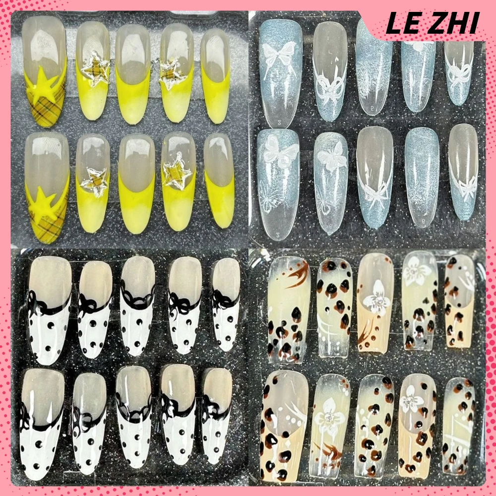 

Y2K Spicy Girl Square Ellipse Wearable French Full Cover Nails Butterfly Flowers Diamond Bowknot Handmade Fake Nails Gifts