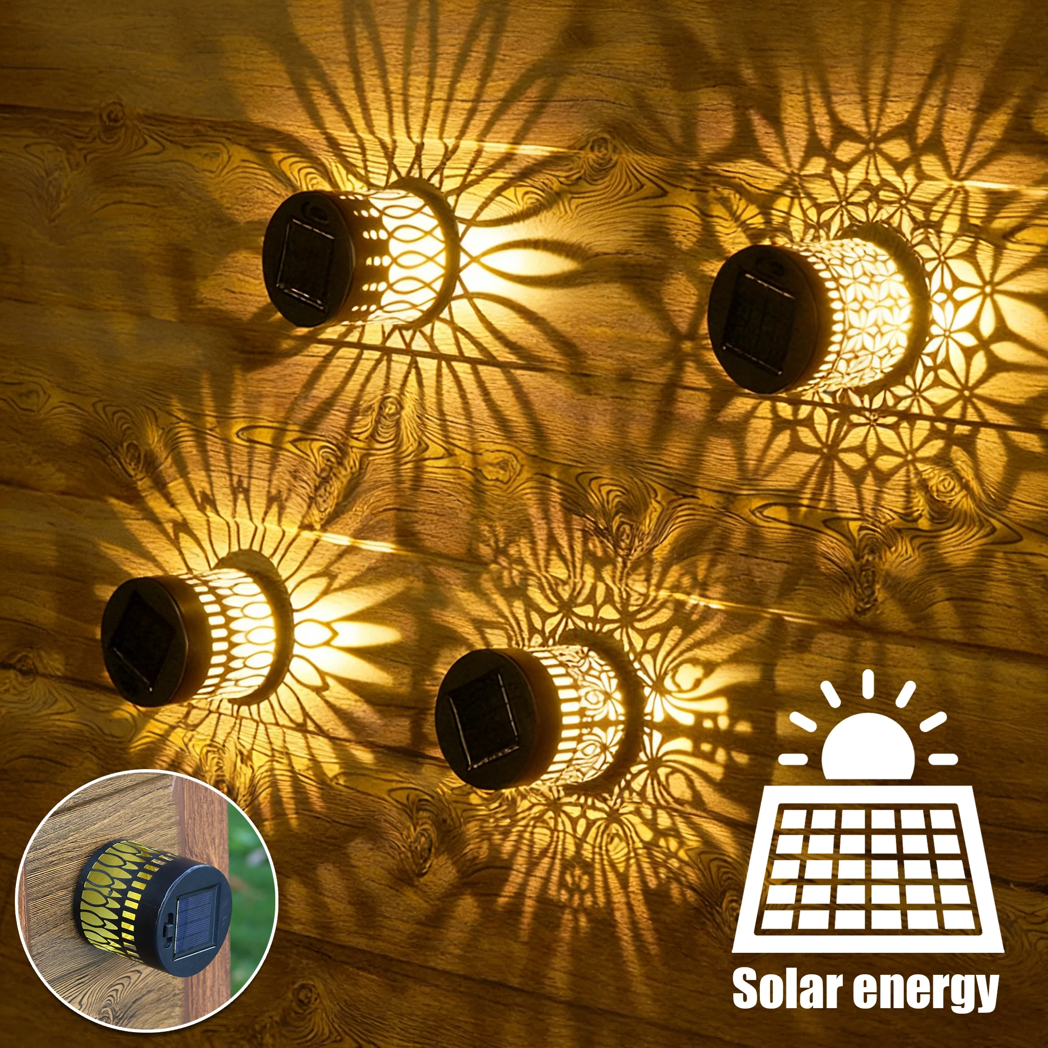 Solar Powered Outdoor Wall Light with Projector Lamp Waterproof Hollow Design Garden Yard Decoration Lighting