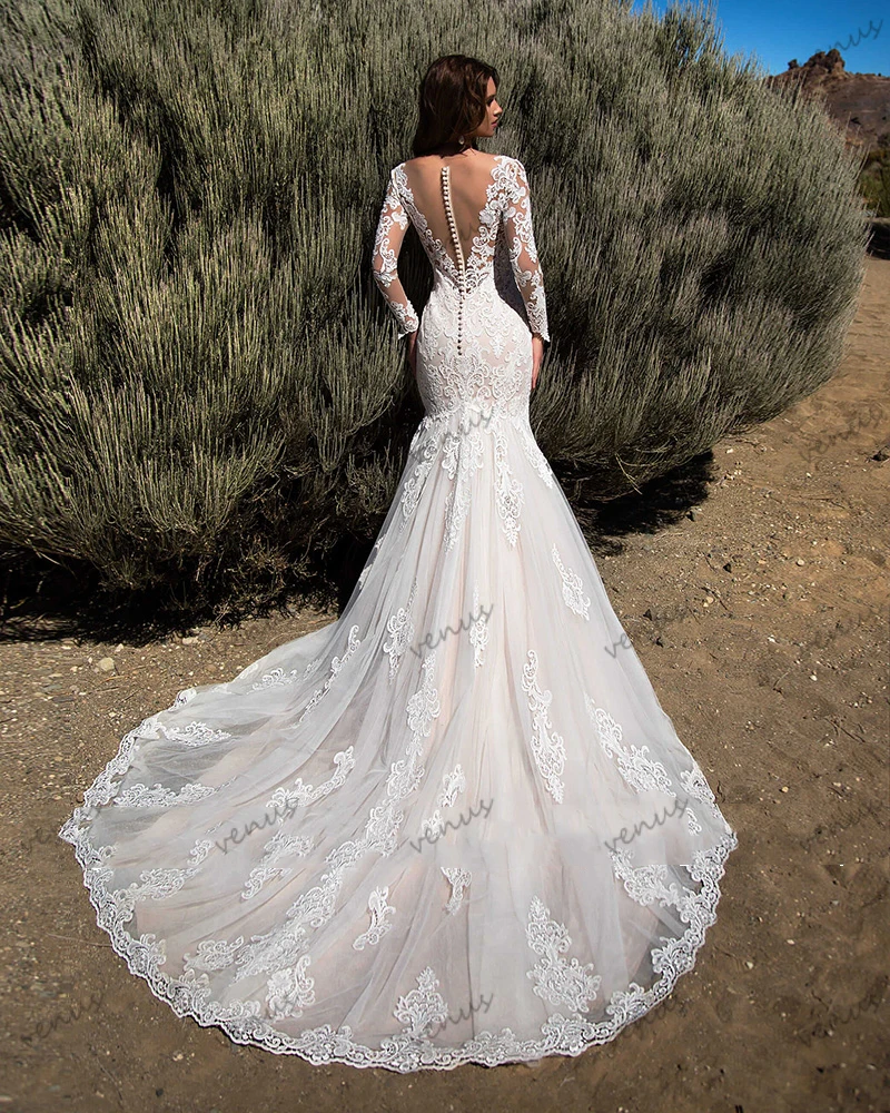 Exquisitos Vestidos De Novia elegantes, Vestidos De Novia con apliques De encaje, mangas completas, túnicas De corazón para fiesta Formal