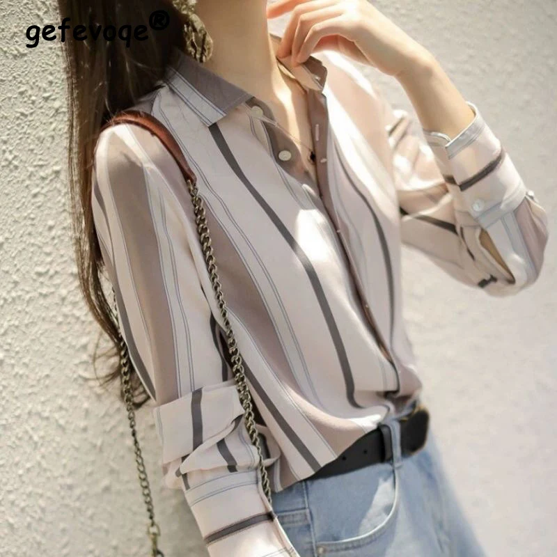 2022 Spring Autumn Women\'s Korean Fashion Striped Print Button Up Shirt Casual Long Sleeve Loose Office Ladies Basic Blouse Tops