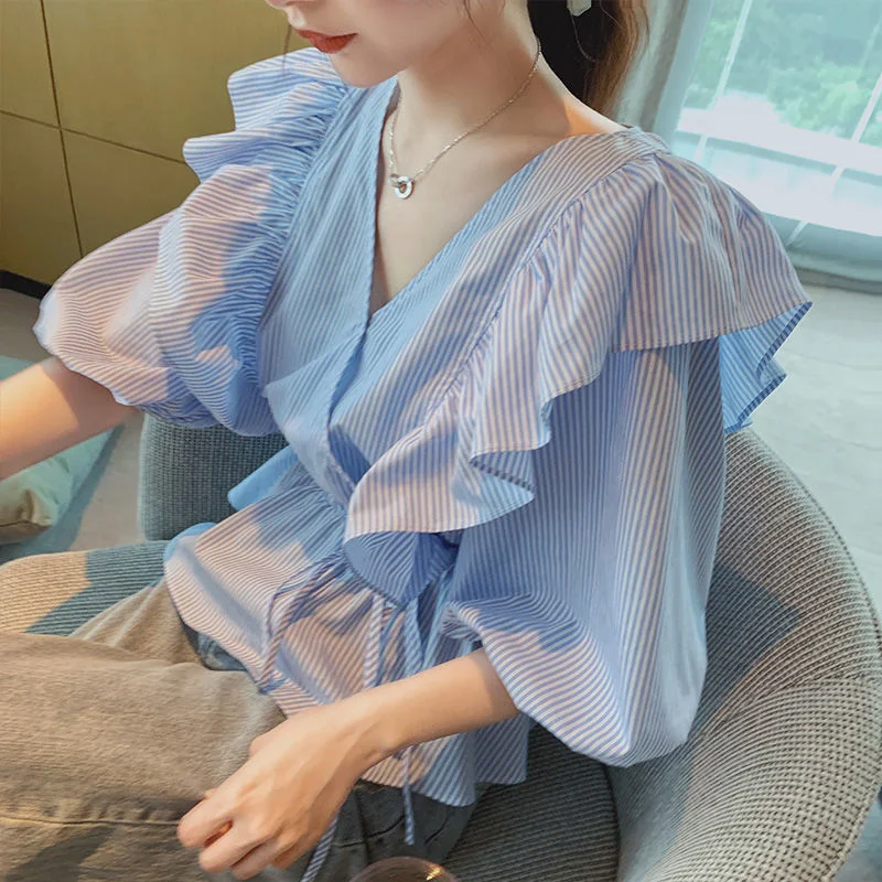 Elegant Ruffles Bandage Bow Shirring Striped Puff Sleeve Blouse Female Clothing 2023 Summer New Casual Pullovers Sweet Shirt