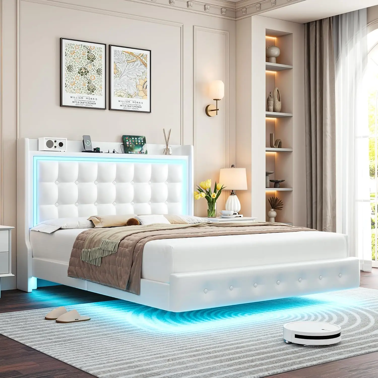 Estrutura de cama flutuante completa estofada Keyluv com luzes LED e estação de carregamento, cama de plataforma de couro pu com armazenamento capitoné de botão