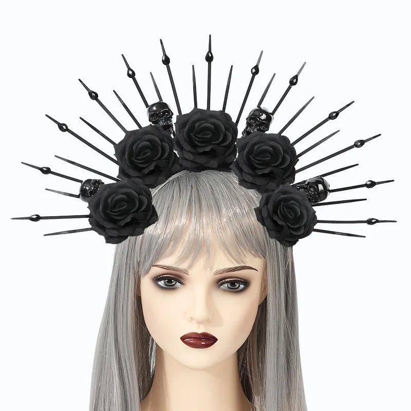 Lady Spider Queen Crown Gothic Black Rose Veil Headband Cosplay Halloween Party Cosutmes Props Skull Headwear Medusa Headpiece