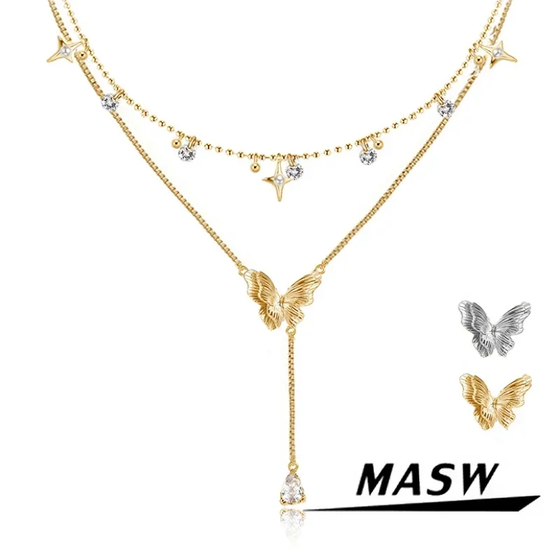 

MASW Original Design Elegant Temperament Two Layler Chain Star Butterfly Pendant Necklace For Women Fashion Accessories