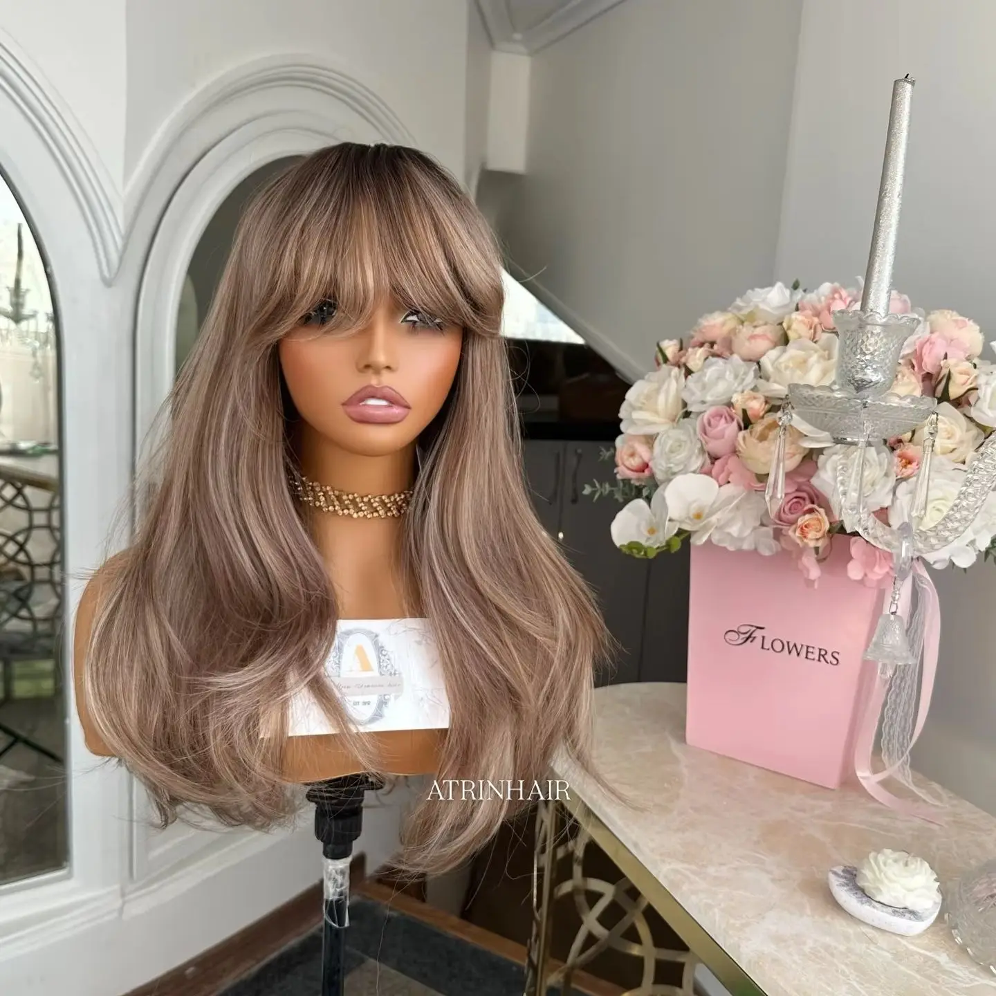Medium Long Brown Highlight Synthetic Wigs with Bangs Layered Straight Hair Wig Realistic Look for Daily Wear High Temperature
