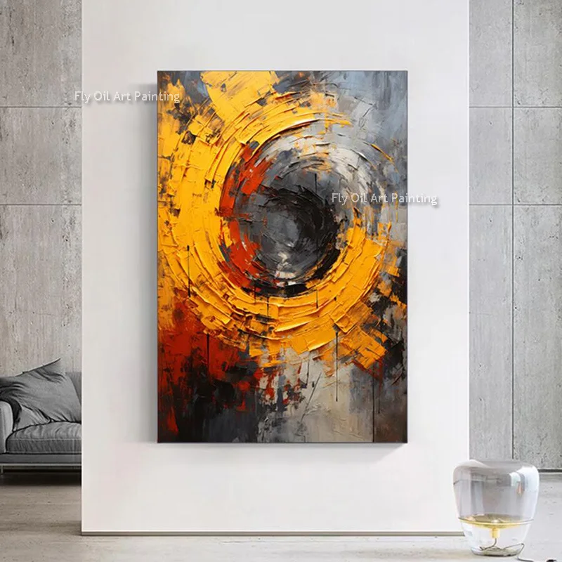 New Design Yellow Black Circle Thick Oil Painting Handmade Black Grey Abstract Canvas Wall Art Modern Home Decor As A Gift