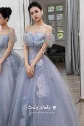 BeitifuBaby Princess Style Women's Evening Party Dress Light Luxury Scalloped Strapless Ball Gown Banquet Formal Dress Vestidos