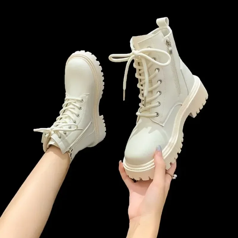 Botines clásicos de cuero para mujer, zapatos góticos Punk de tacón medio, botas cortas de combinación, zapatos de plataforma, color Beige y negro,
