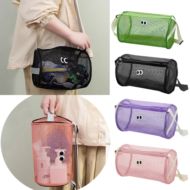 

Female Mesh Cosmetic Bag Travel Storage Makeup Bag Organizer Women Make Up Pouch Bag Cylindrical Portable Toiletry Beauty Case