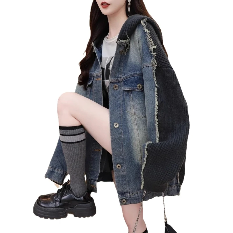 Cardigan Women Sweaters Coats Denim Splice Hooded Jackets Full Sleeve Jumpers Y2k Streetwear Elegant Knit Autumn Winter 2025