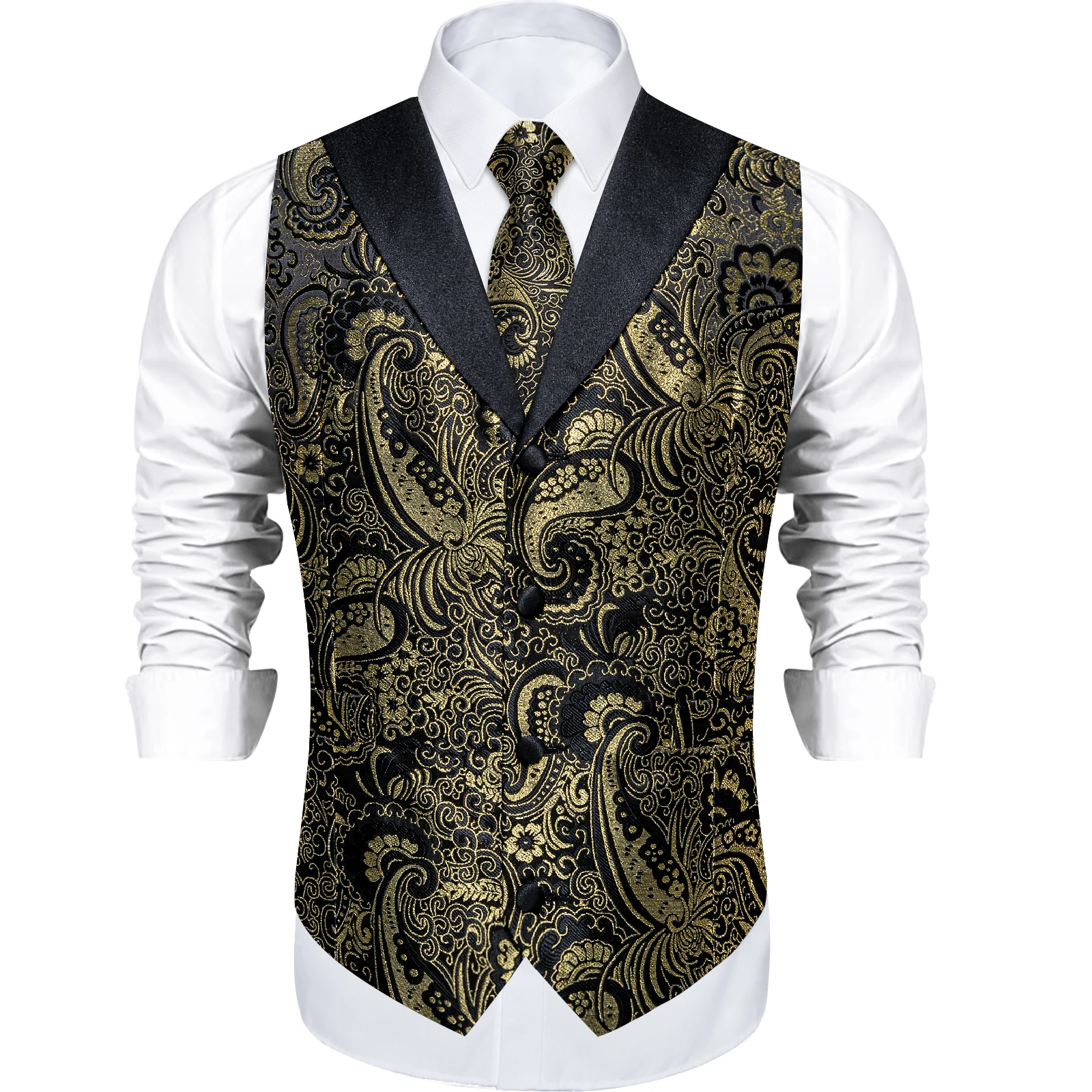 Men\'s Paisley Silk Suit Vest with Macthing Golden Paisley Neck Tie Handkerchief Cufflinks Wedding Prom Tuxedo Waistcoat