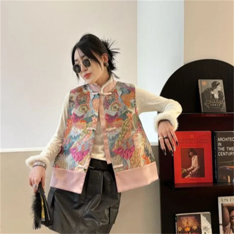 

Women's Vest Women's Jackets Retro National Wind Jacquard Buckle Vest Jacket Women's Early Spring Fashion With Chic vest Jacket