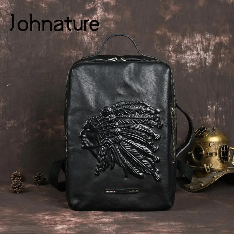 Johnature Retro Genuine Leather Men Backpack Leisure Natural Real Cowhide Embossing Large Capacity Man Travel Bags Backpacks