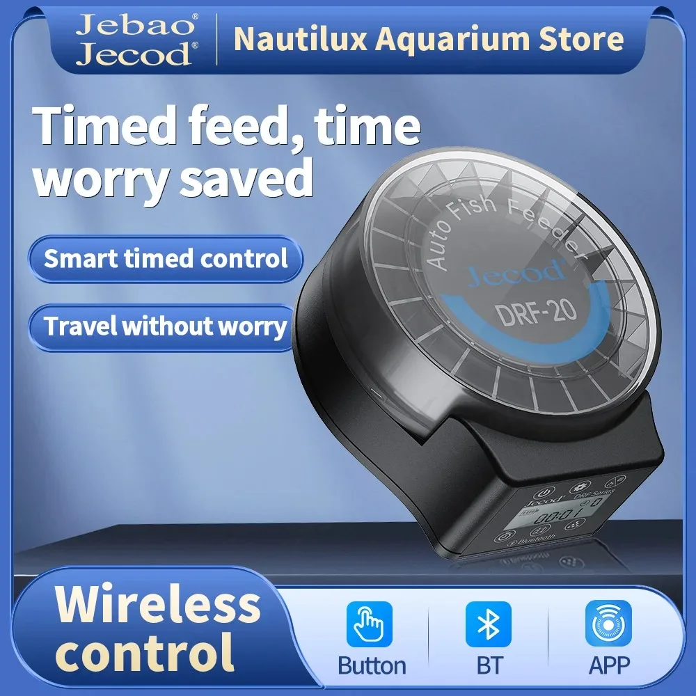 Nouveau Distributeur Automatique Intelligent de Nourriture pour Poissons d'Aquarium Jebao Jecod DRF 2026 avec Minuterie Numérique et Fonction d'Alimentation par Contrôle Bluetooth