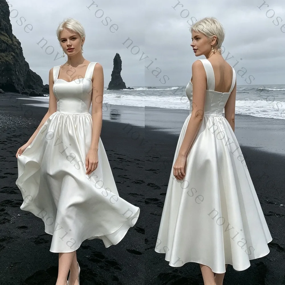 Customized 2026 Square Neckline Satin A-line Wedding Dress New Pleated Edges Suitable for The Back of The Zipper At Receptions