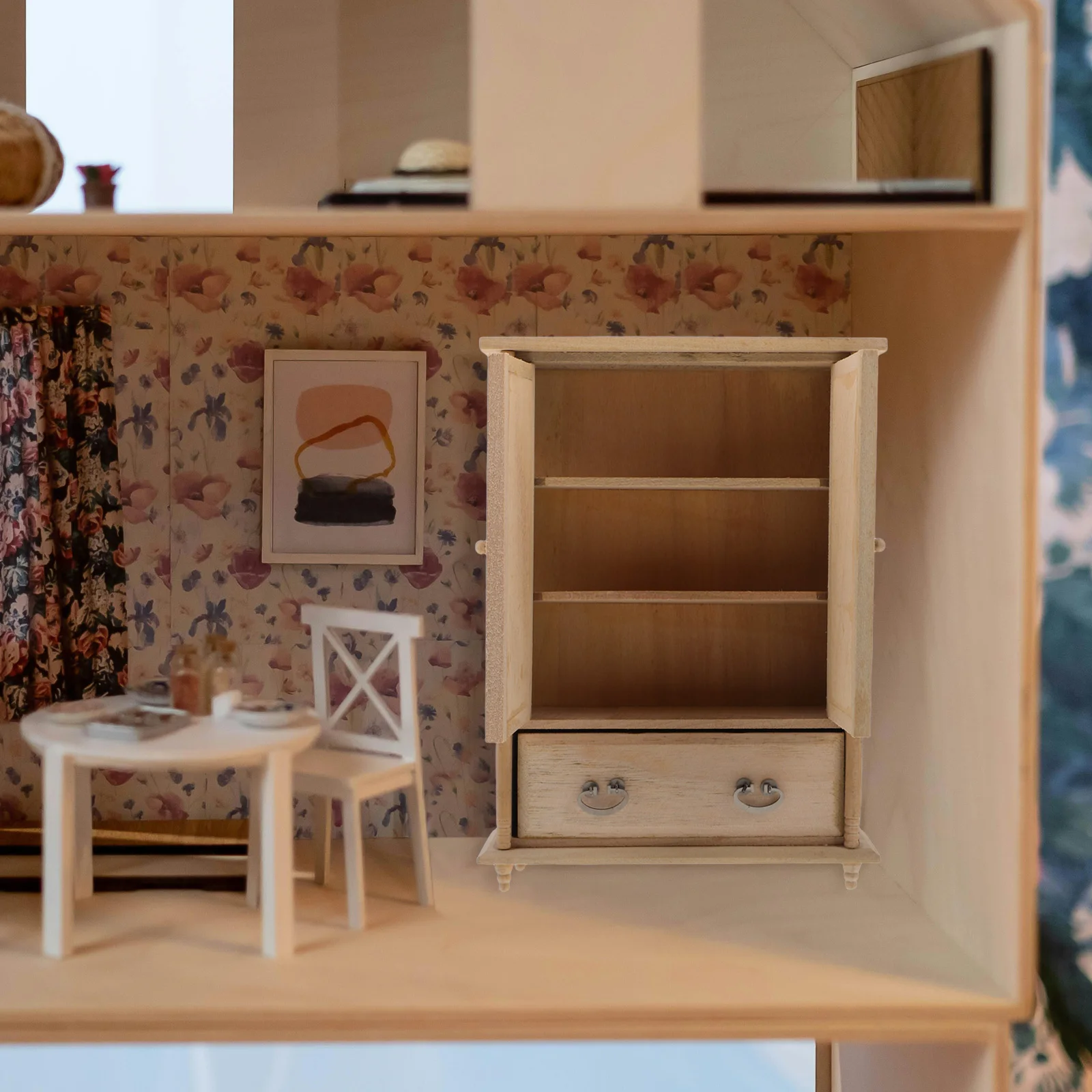 

1:12 Scale Dollhouse Wardrobe Miniature Bedroom Furniture Wooden Vintage Cabinet Beige Unfinished Creative Decoration