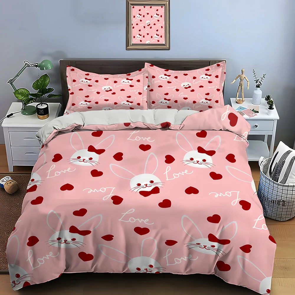 Pink background rabbits and red hearts Bedding Set for Kids Luxury Gift 3pcs Digital Print Comforter Set Soft Comfortable