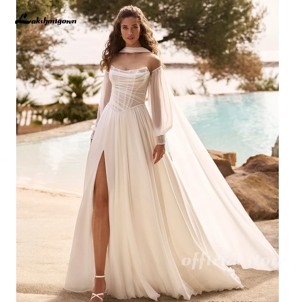 Lakshmigown Trägerloses, drapiertes Brautkleid mit abnehmbaren Ärmeln, Hochzeitskleid mit Schal, seitlichem Schlitz, Brautkleider nach Maß – Detail 5