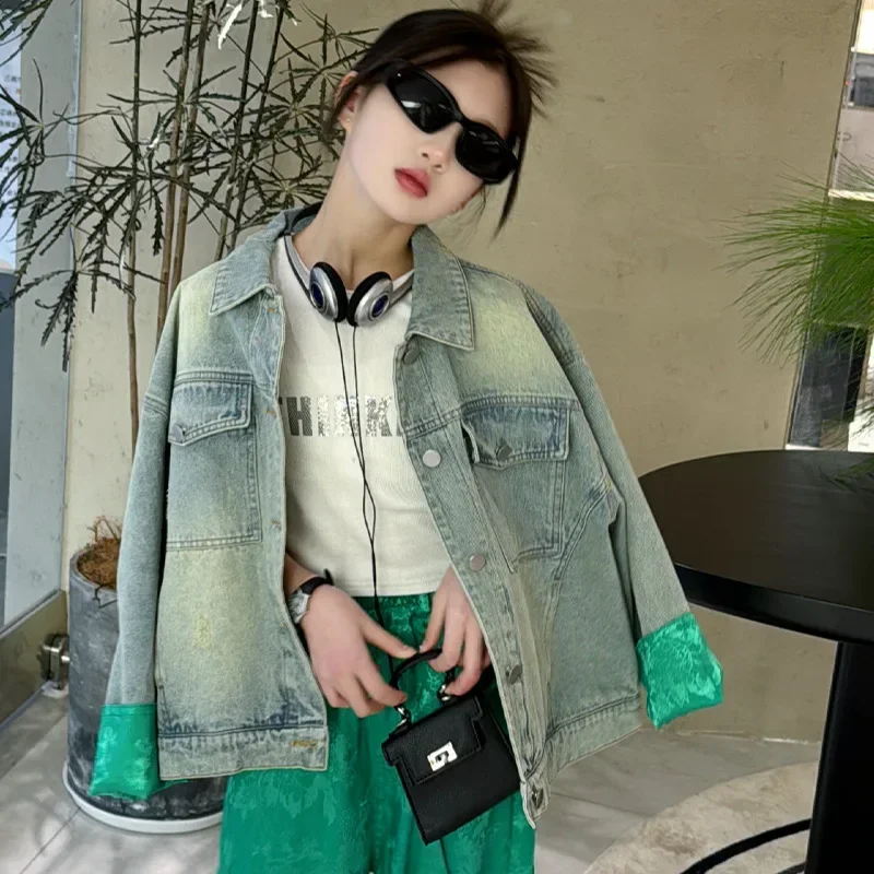 

Girls' national style denim patchwork jacket 2024 new fashionable explosive street wide leg pants two-piece set trendy