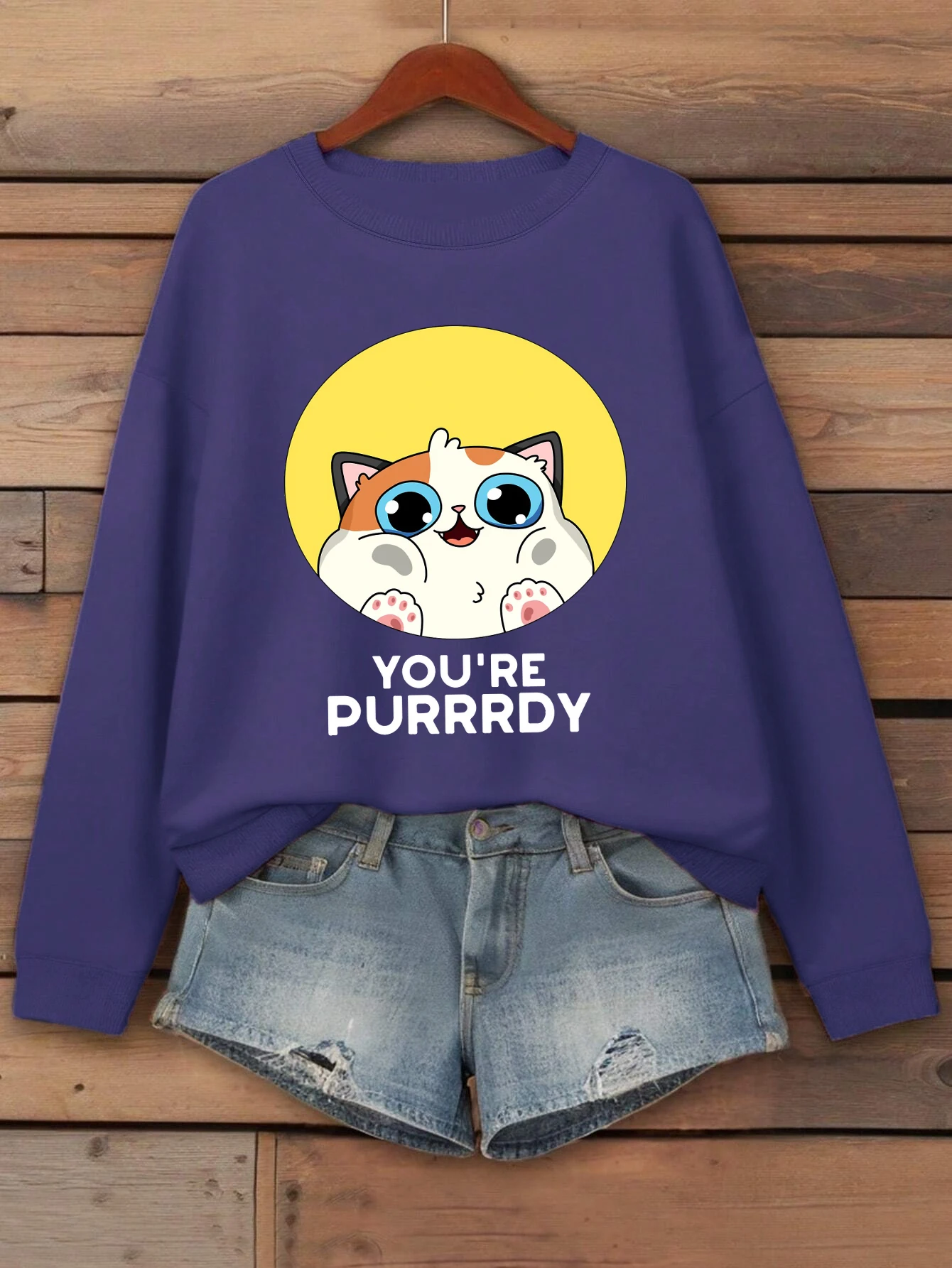 You'Re Purrrdy لطيف القط تصميم البلوز المرأة Crewneck كل مباراة الملابس عادية فضفاض الشارع الشهير الخريف كنزة صوف #3