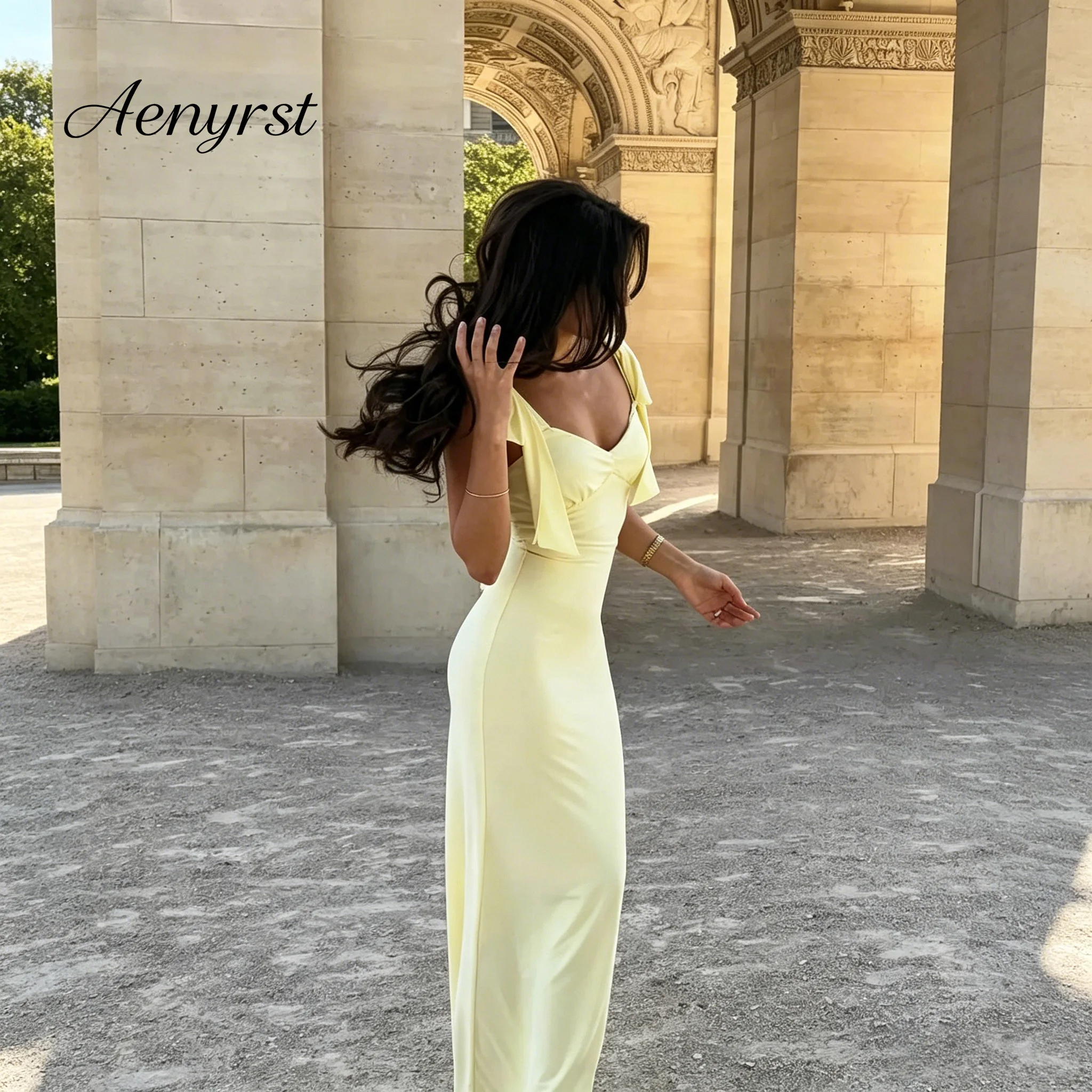 Bow Accent One Shoulder V Neck Mermaid Bridesmaid Dress Stretch Fabric Slim Fit Long Gow