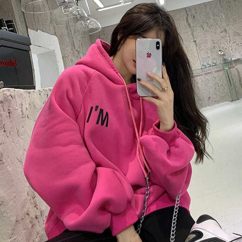 Letter Printing Hoodies Women High Street ThickeningThicker Outwear Stylish Loose All-match Hooded Sweatshirts Teens Vintage