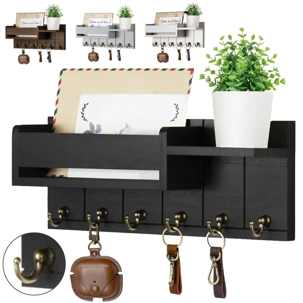 

Wall Mounted Mail Holder Wooden Key Holder Rack Mail Organizer Shelves with 6Key Hooks Rustic Home Decor for Entryway or Mudroom