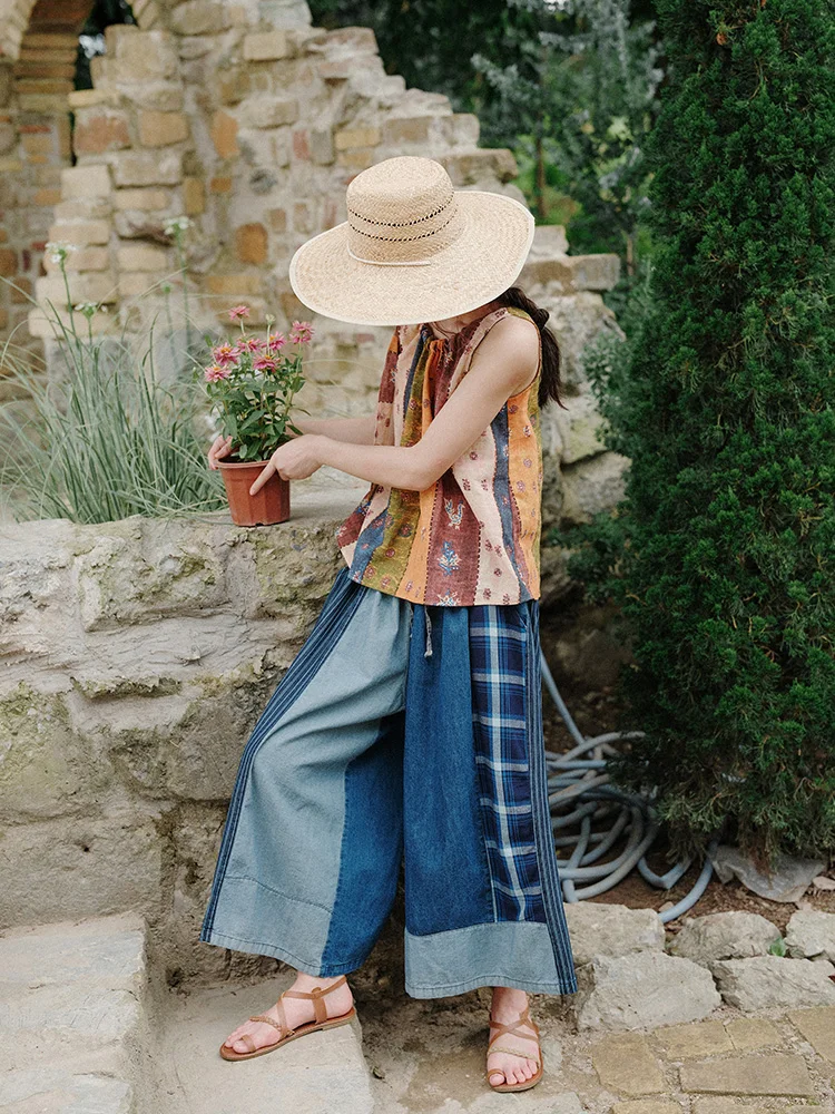

Retro Japanese Ethnic Style Patchwork Denim Wide Leg Pants High Waist Loose Women's Clothing Casual Pants Commute Style