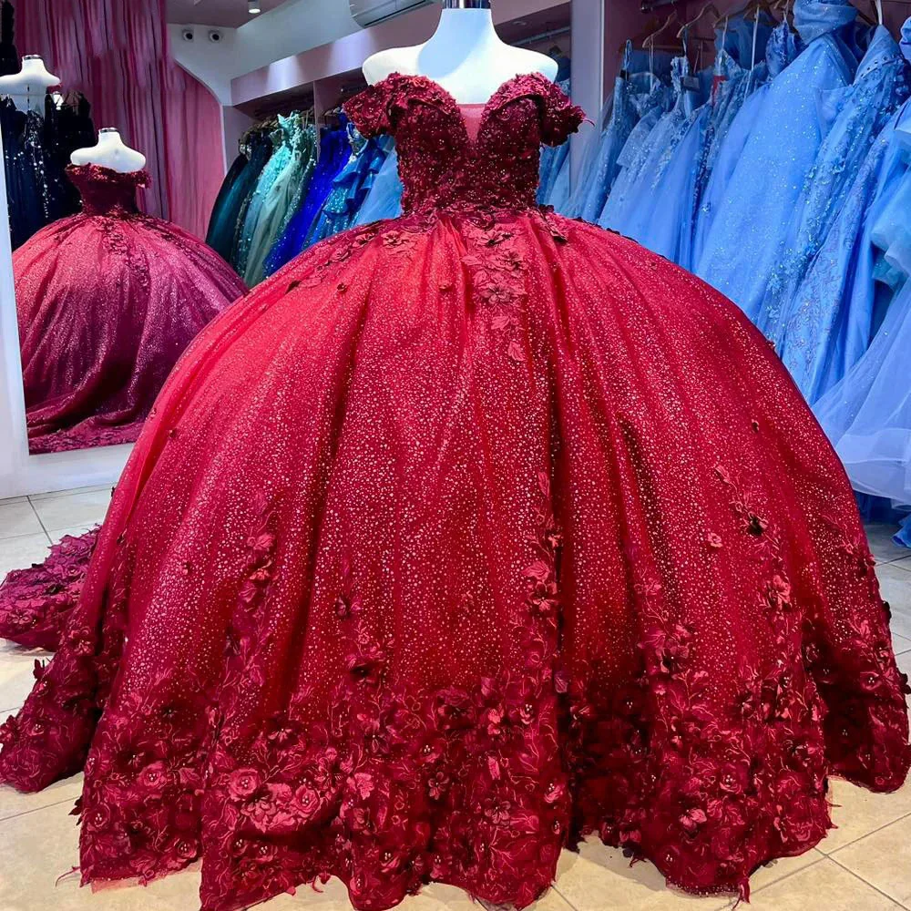 Vestidos Quinceanera vinho vermelho, Fora das contas de ombro, Apliques florais, Vestido de baile, Doce 15 16 Vestido, Tule Glitter, Festa de aniversário