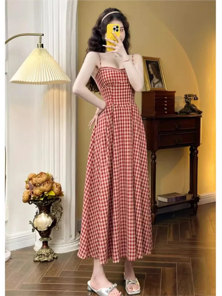 Elegant Plaid Midi Dress Women French Vintage Spaghetti Strap A-line Spring Summer Holiday Beach Style Prom Robe Vestidos Mujer