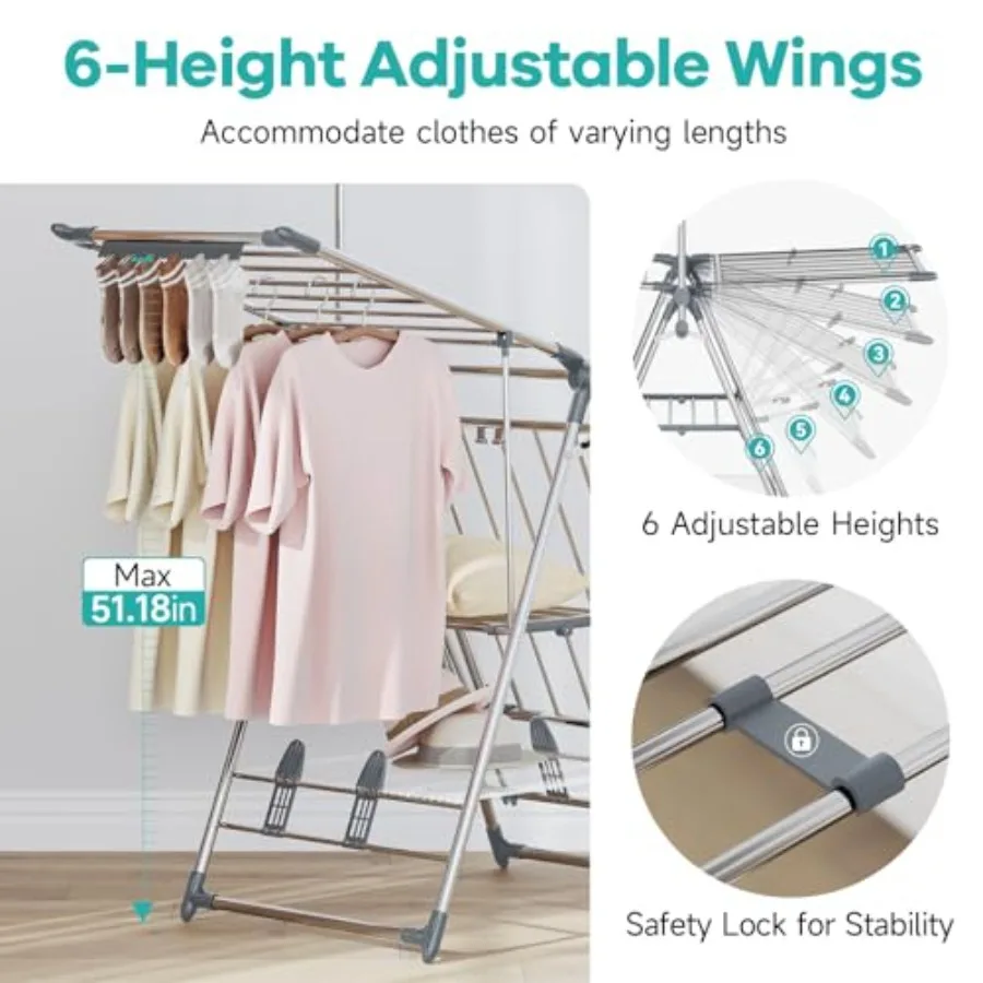 Clothes Drying Rack with High Hanger, Foldable 3-Level Drying Racks with Shoe Rack, Crossbar and Vertical Rod Laundry Stand wit