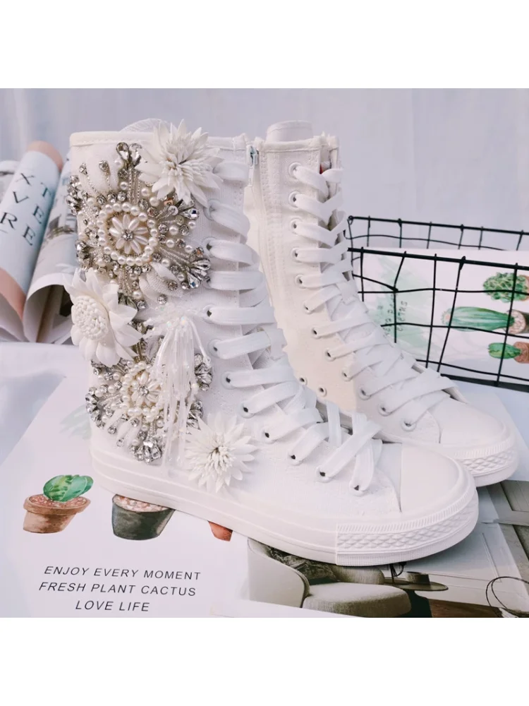 

New Rhinestone Heavy Industry Bead Fairy Canvas Shoes Lolita Girl Personality Versatile Tassel High Top White Boots