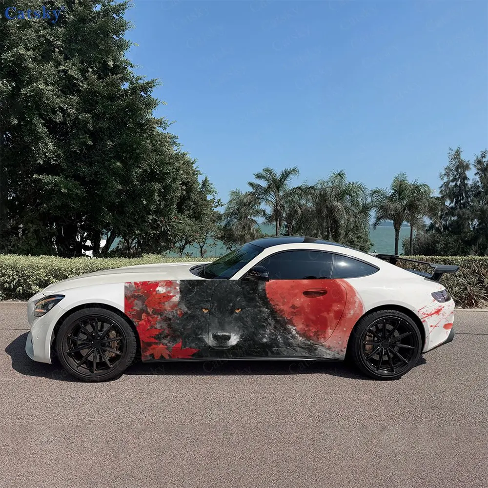 2pcs Black wolf with Fallen Leaves Car Side Wraps, Self-Adhesive PVC Waterproof & Scratch-Resistant Stickers, Car Accessory Gift