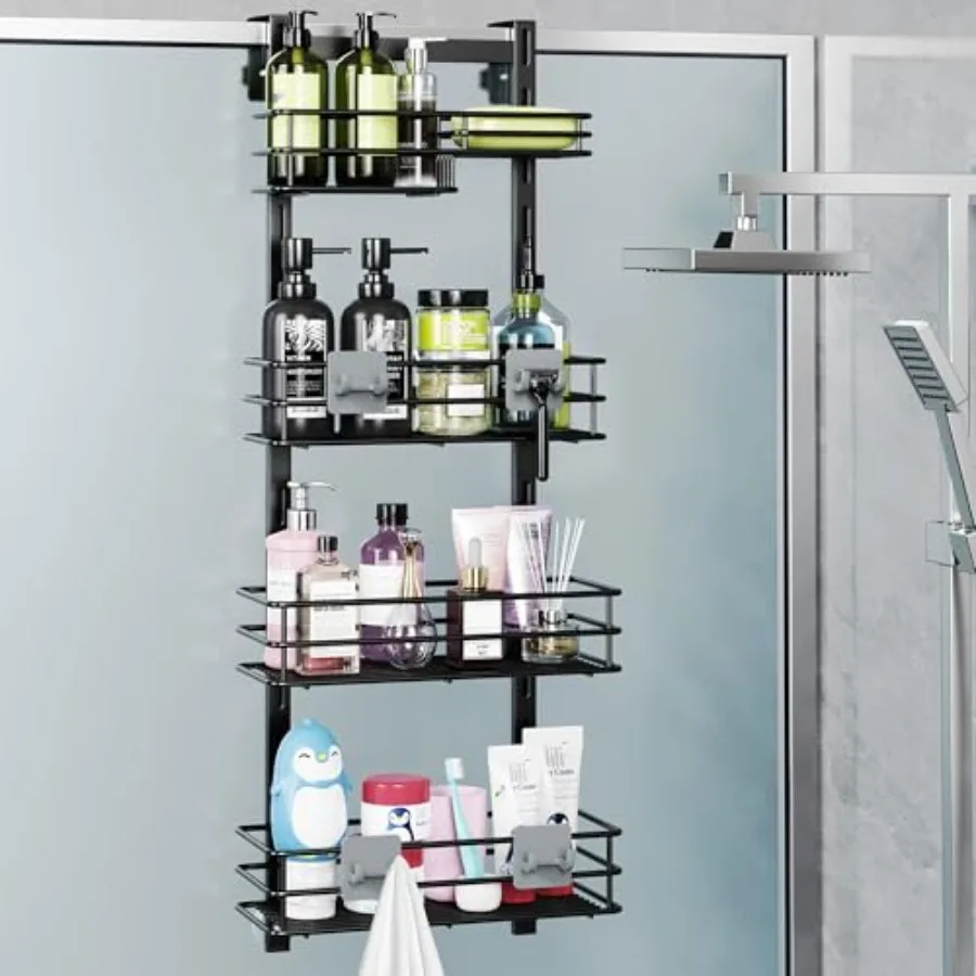 

Over The Door Shower Caddy Adjustable 4 Tier BlackBathroom Hanging Organizer Shelf Rustproof with 4 Hooks Shower Basket with So